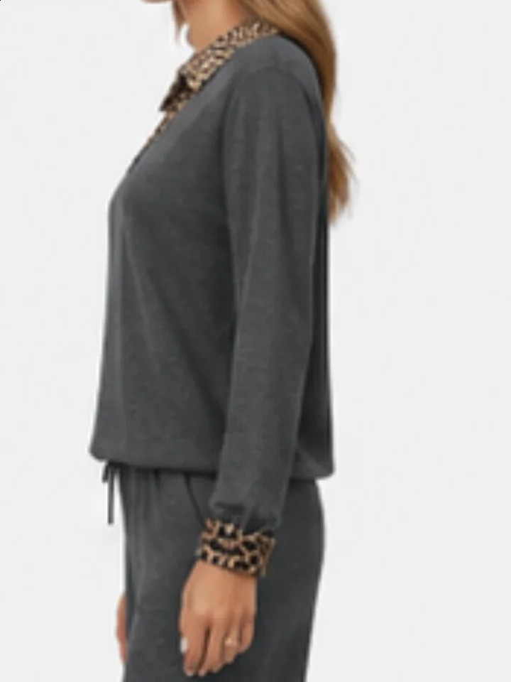 Dark Grey Leopard Trim Collar Cuff Faux Layer Knit Shirt Women V Neck Long Sleeve Soft Cotton Blend Office Casual Sweater 260711banjia