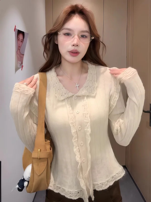 plus Size Knitwear Collar Lace Trim Simple Elegance for Women Korean Style Autumn Arrival Long Sleeve Sweater 260711banjia
