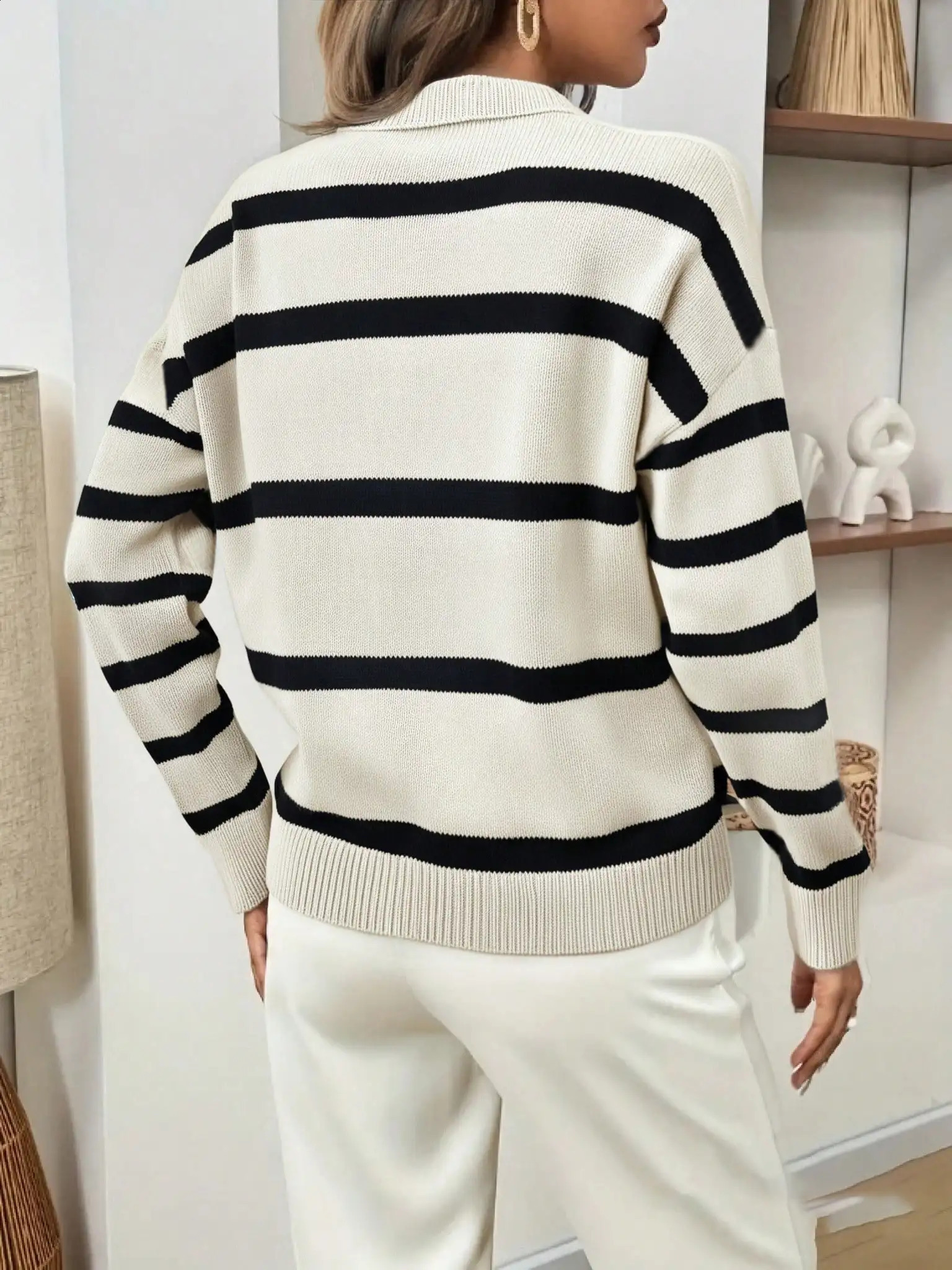 Plus Size Women Striped Knit Sweater Lapel Collar Long Sleeve Casual Outfit for Daily Wear Travel Autumn Winter 260711banjia - view 3
