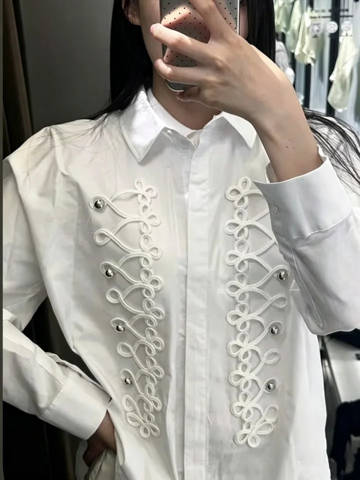 Autumn Knot Buckle Decoration White Shirt Causal Single Breasted Loose Full Sleeve Black Blouse Lady Chic Tops 260711banjia - view 4