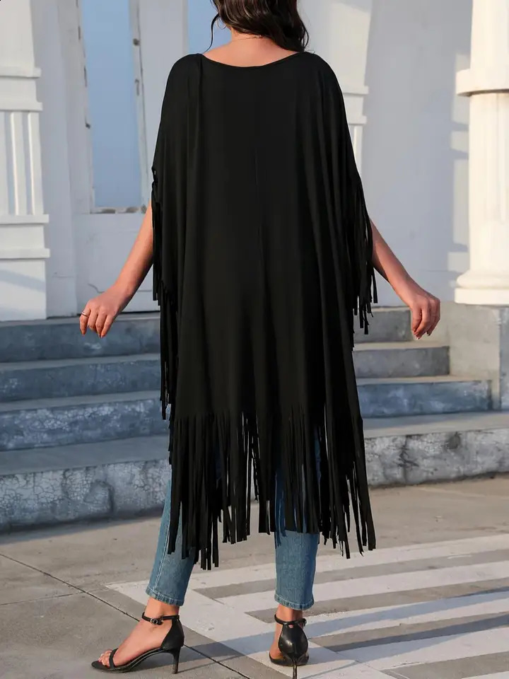 Plus Size Solid Tassel Batwing Sleeve Longline Tee Fashion Casual Round Neck Half Tshirt for Daily Outdoor Wear Women 260711banjia - view 3