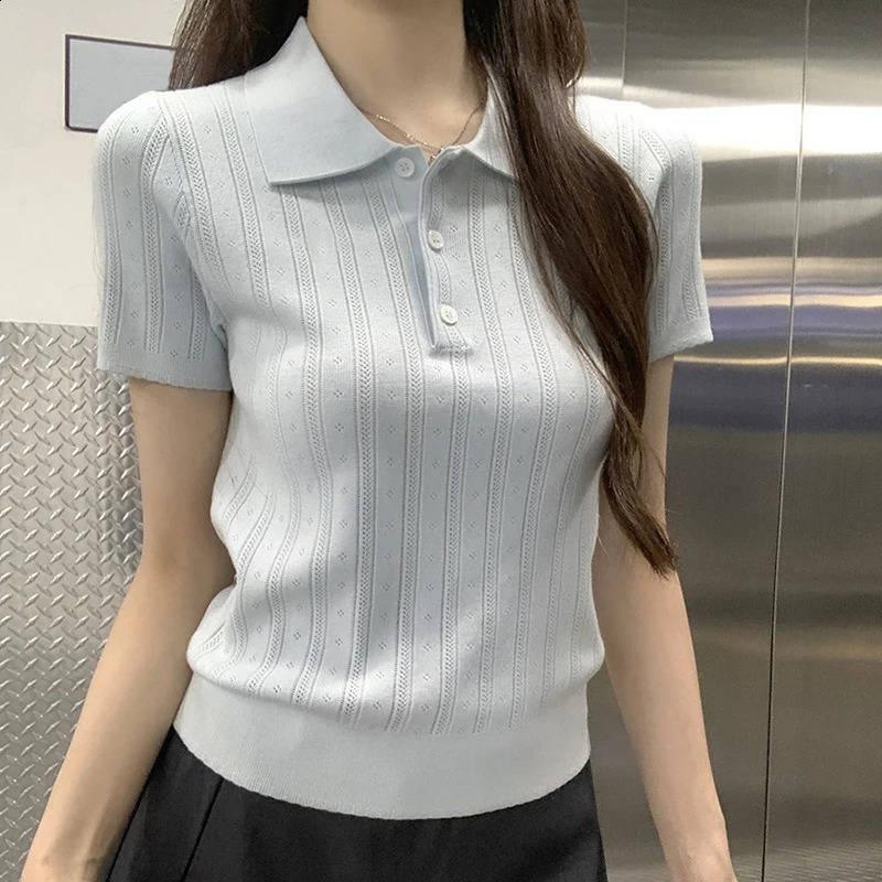Solid Color Knitted Polo Shirts for Woman Summer Preppy Style Short Sleeve Tshirt Women Hollow Out Slim Fit Knit Tees Top 260711banjia - view 6