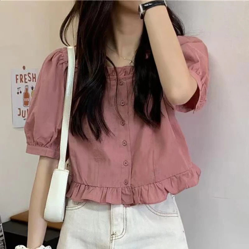 Korean Summer Ruffle Elegant Chiffon Cool Blouse Women Youthful Cute Cropped Tops Chic Short sleeve Feminine Shirt 260711banjia