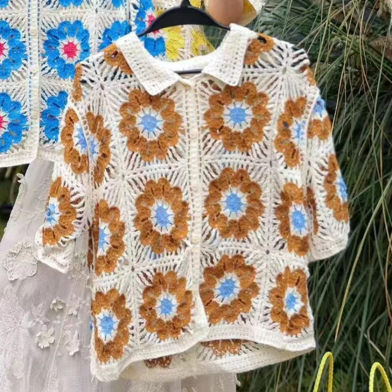 Granny Square Crochet Knit Polo Shirt Short Sleeve Poloneck Openknit Blouse Jacket Summer Top Bohemian Vacation Outfit 260711banjia