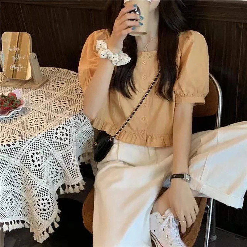 Korean Summer Ruffle Elegant Chiffon Cool Blouse Women Youthful Cute Cropped Tops Chic Short sleeve Feminine Shirt 260711banjia - view 5