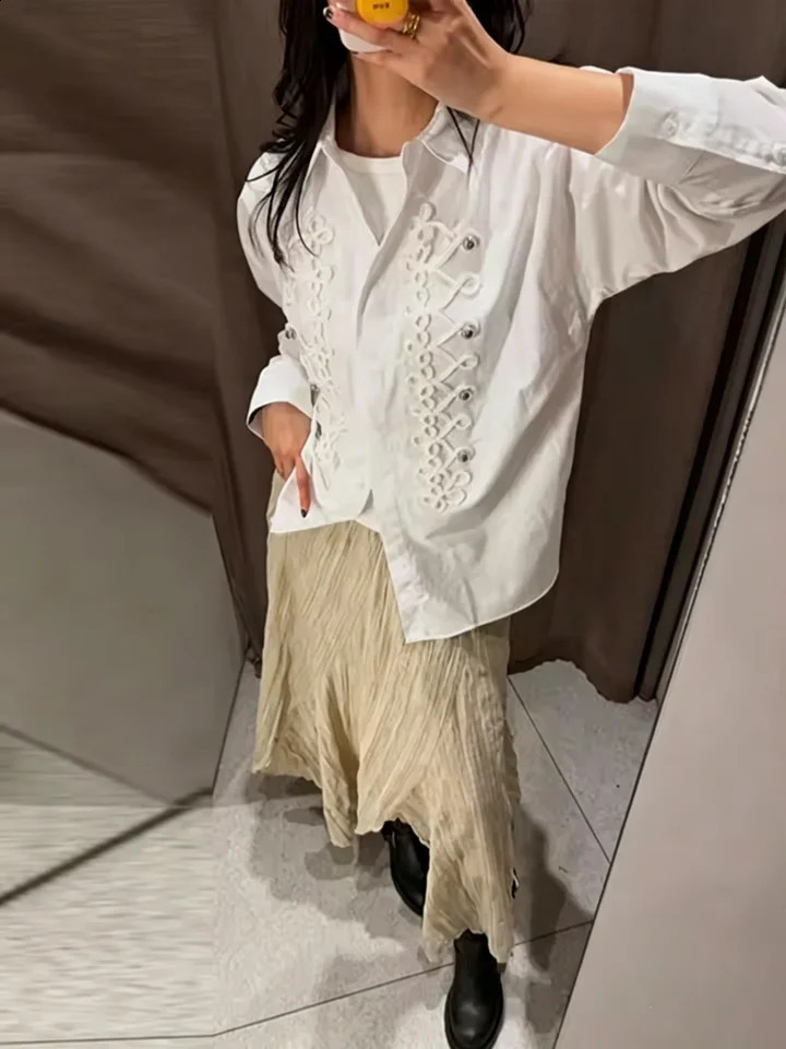 Autumn Knot Buckle Decoration White Shirt Causal Single Breasted Loose Full Sleeve Black Blouse Lady Chic Tops 260711banjia - view 5