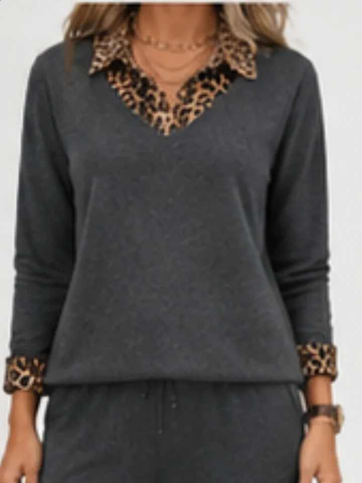 Dark Grey Leopard Trim Collar Cuff Faux Layer Knit Shirt Women V Neck Long Sleeve Soft Cotton Blend Office Casual Sweater 260711banjia