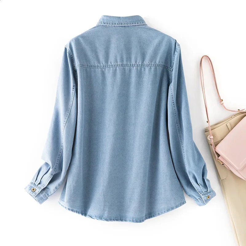 Retro Soft Denim Casual Loose Long Sleeve Shirt Womens Spring Autumn Style Polo Collar Pocket Outerwear Coat 260711banjia