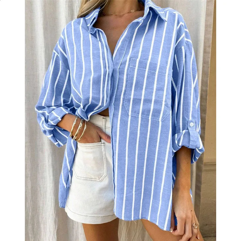 Womens Loose PoloNeck Striped Shirt for Spring and Summer Stylis Casual Versatile Top 260711banjia