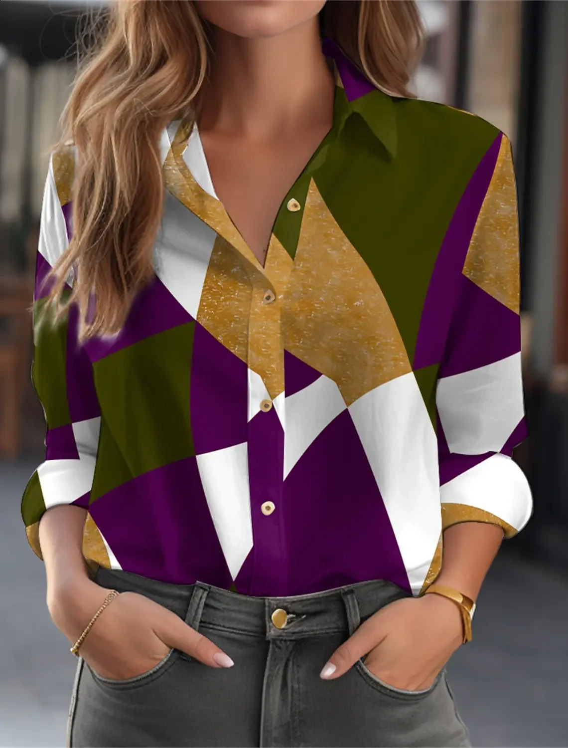 Womens Fashion Geometric Buttons Blouse Lapel Neck Top Long Sleeve Shirts 2025 Spring Autumn Female Clothing 260711banjia