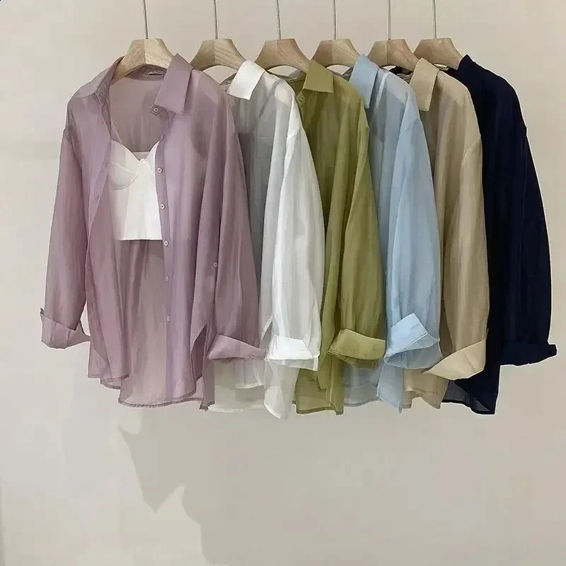 Mesh Shirts for Women Thin Summer Clothing Female Long Sleeve Loose Korean Style Sheer Soft Students College Turndown Collar 260711banjia