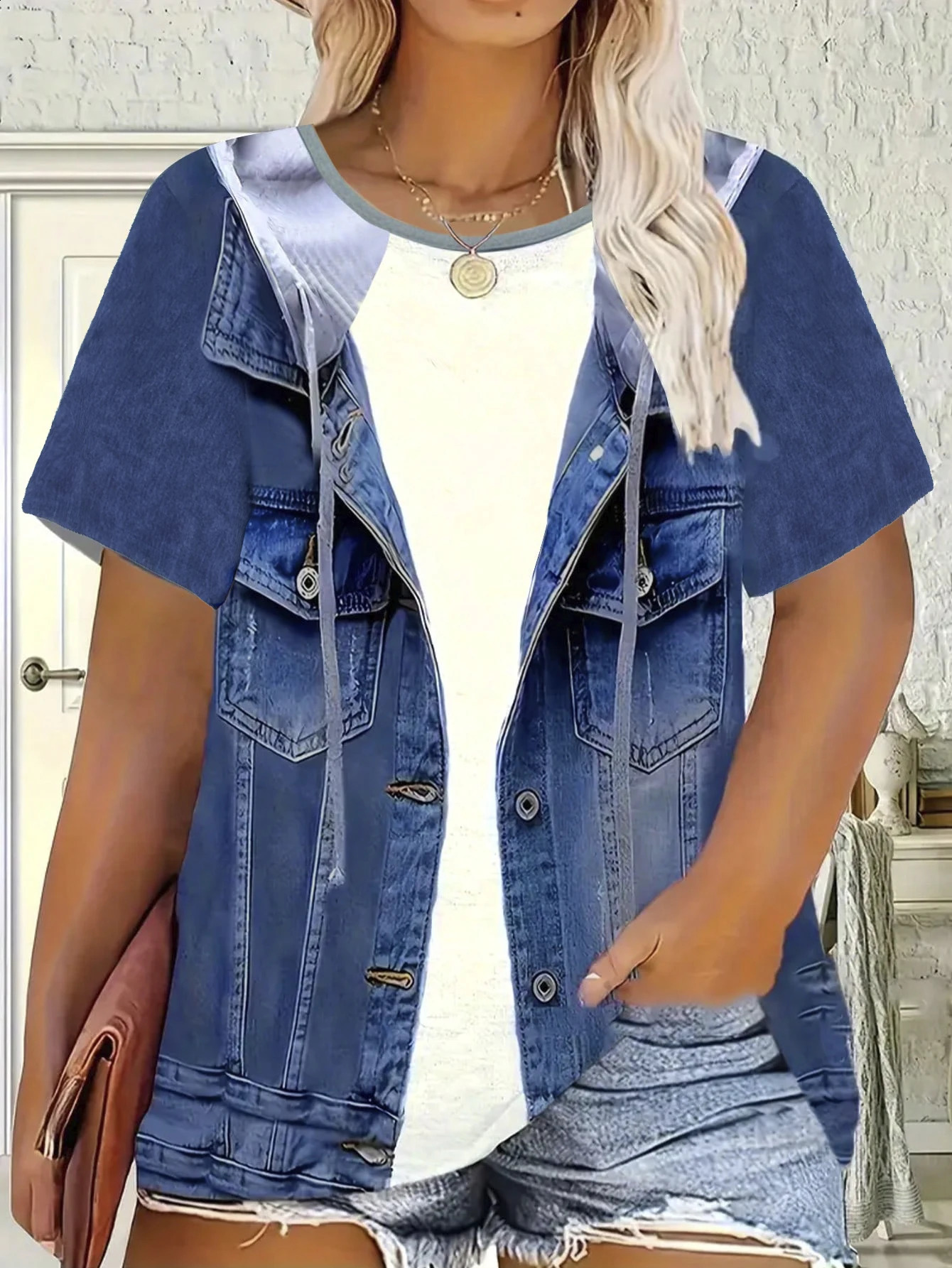 Plus size womens denim casual short sleeved round neck top Western style Tshirt versatile comfortable 260711banjia - view 4