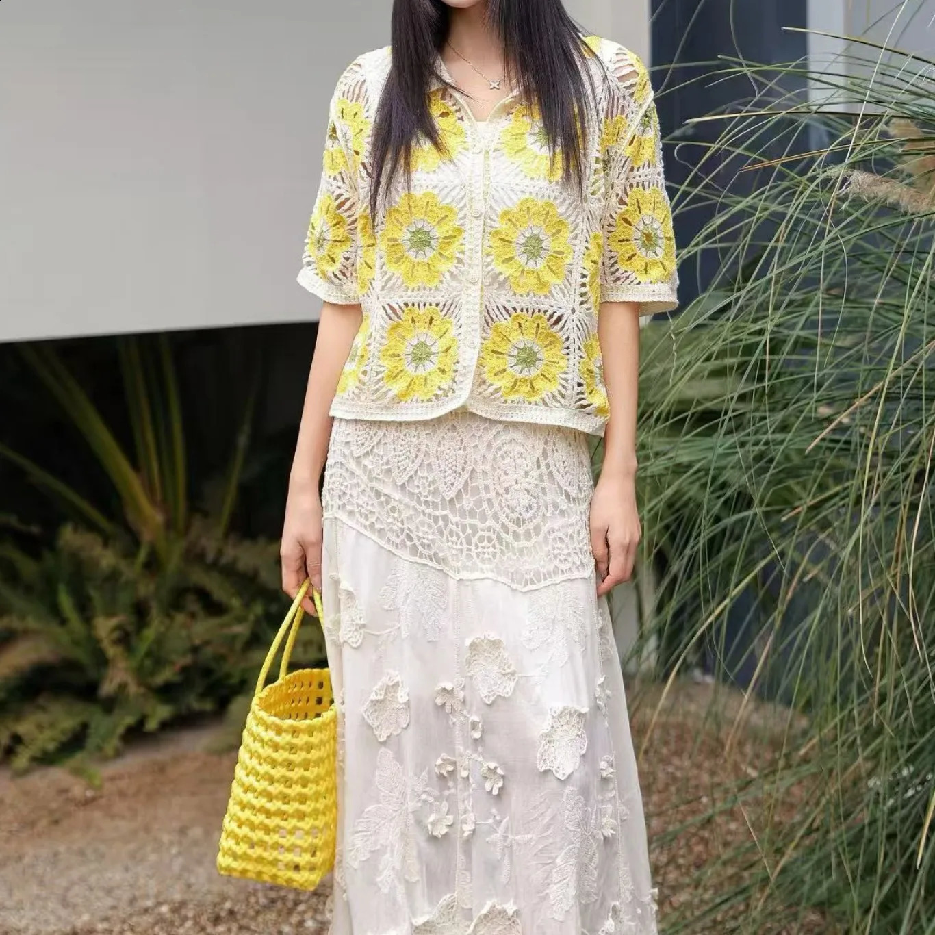 Granny Square Crochet Knit Polo Shirt Short Sleeve Poloneck Openknit Blouse Jacket Summer Top Bohemian Vacation Outfit 260711banjia