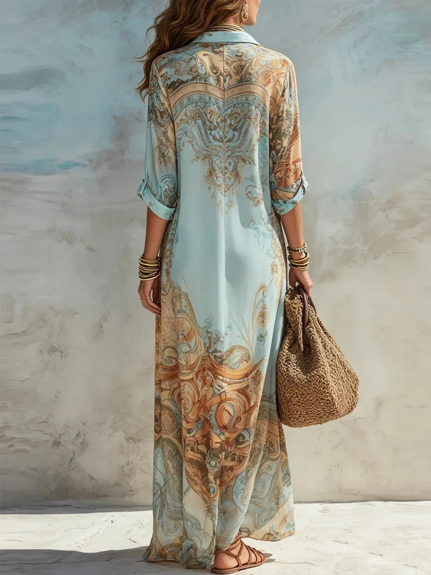 Elegant Shirt Dress for Women Chiffon Digital Print Turndown Collar Single-breasted Dresses Flowy Casual Boho Summer Clothing 260711BJ - view 3