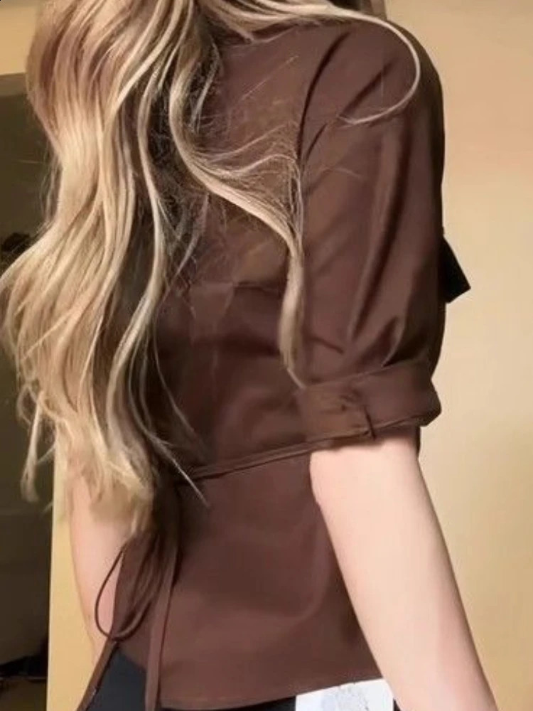 Vintage Chick Polo Collar Tshirt Woman Half Sleeve Fashion Aesthetic Button Brown Slim Tops Autumn Chic n Clothes 260711banjia - view 3