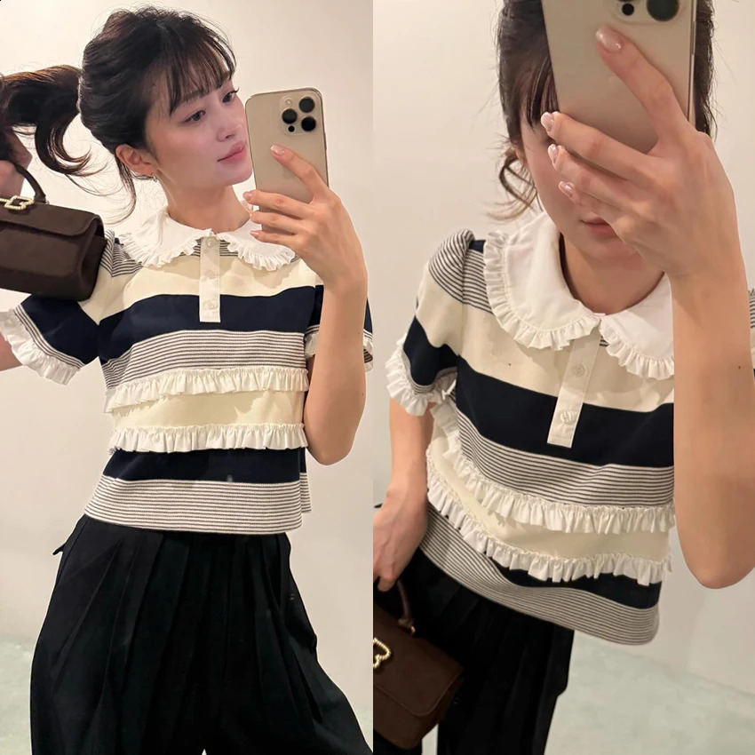 Sweet Stripe Short Sleeve TShirt Knitted Doll Collar Wooden Ear Splice Casual Style Polyester Fiber Business Scene 260711banjia