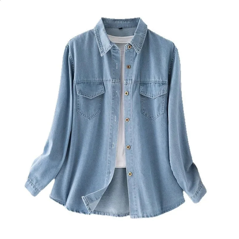 Retro Soft Denim Casual Loose Long Sleeve Shirt Womens Spring Autumn Style Polo Collar Pocket Outerwear Coat 260711banjia