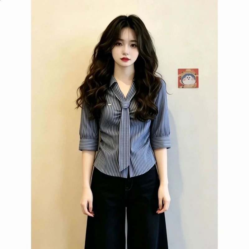 Polo Neck Lacing Short Sleeve Slim Striped Elegant Blouse Summer Allmatch Button Vintage Shirt Tops Korean Trend Women Clothing 260711banjia - view 6