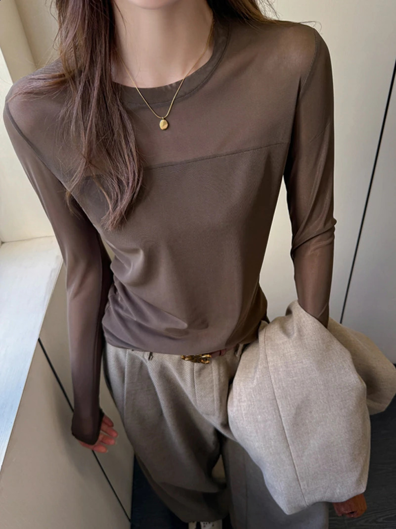 Sexy Sheer Mesh Patchwork TShirt for Women Elegant Slim Fit Long Sleeve Tops Office Ladies Chic Two Piece White Tee 2026 260711banjia