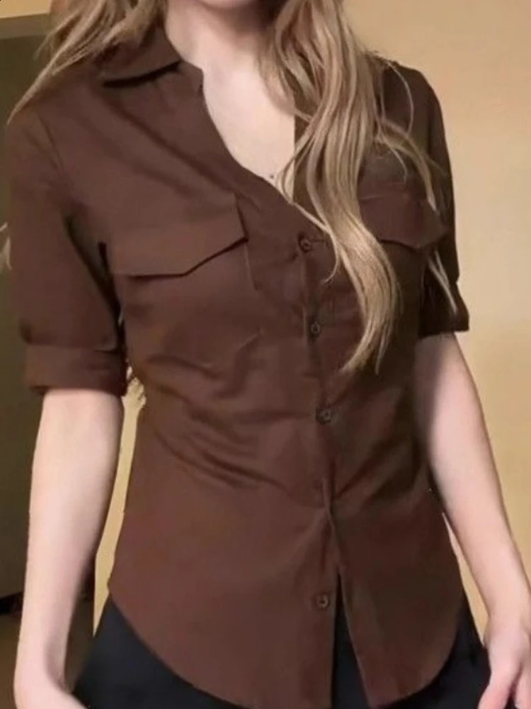 Vintage Chick Polo Collar Tshirt Woman Half Sleeve Fashion Aesthetic Button Brown Slim Tops Autumn Chic n Clothes 260711banjia