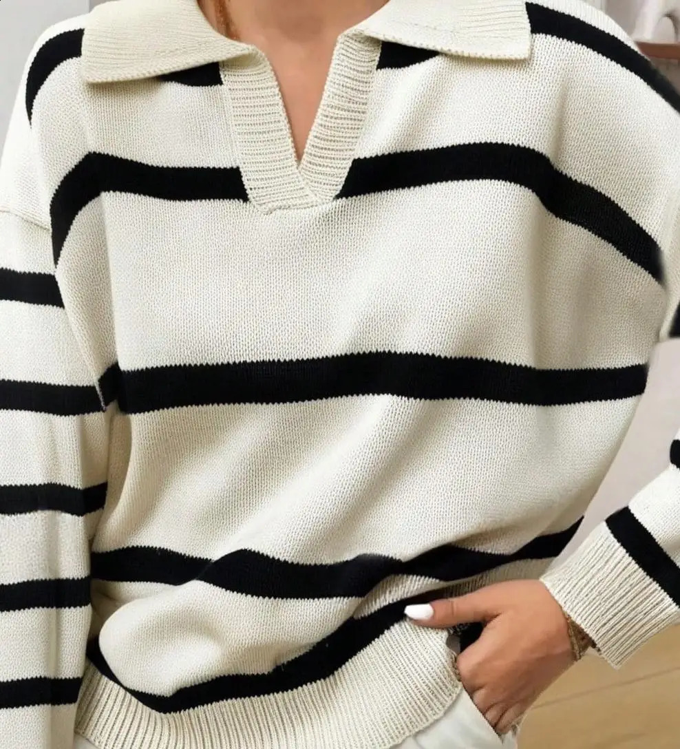 Plus Size Women Striped Knit Sweater Lapel Collar Long Sleeve Casual Outfit for Daily Wear Travel Autumn Winter 260711banjia - view 4