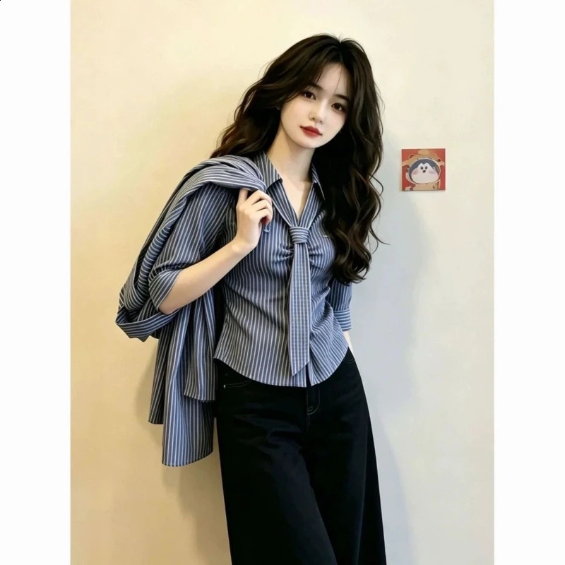 Polo Neck Lacing Short Sleeve Slim Striped Elegant Blouse Summer Allmatch Button Vintage Shirt Tops Korean Trend Women Clothing 260711banjia - view 4