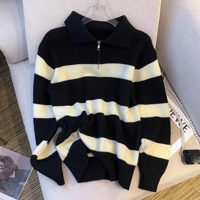 Smvp Womens Turndown Collar Striped Sweater Vintage Loose Long Sleeve Knitwear Female Autumn Winter Warm Knitted Jumper Top 260711banjia - view 4
