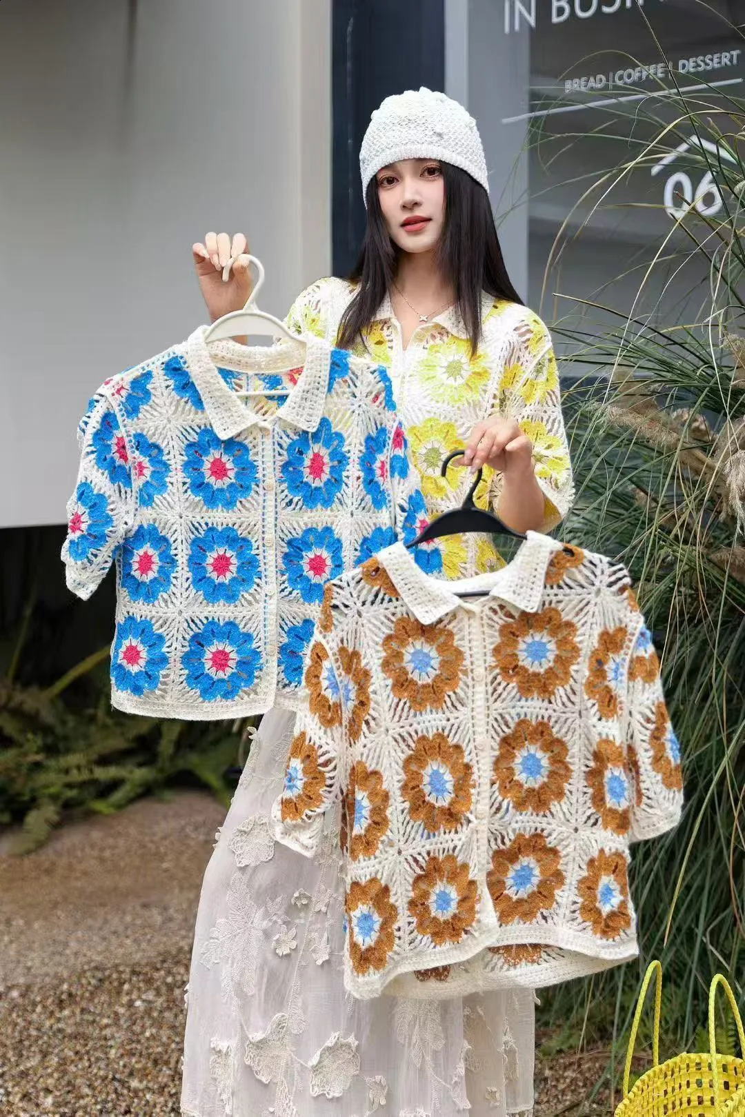Granny Square Crochet Knit Polo Shirt Short Sleeve Poloneck Openknit Blouse Jacket Summer Top Bohemian Vacation Outfit 260711banjia