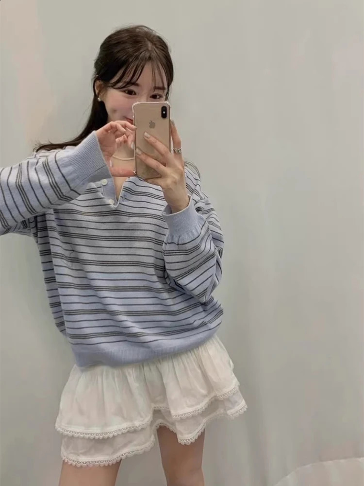 Sweet Style Striped Loose Long Sleeve Neck Knitted Sweater for Women Blue Milk Color Arrival Spring Season Casual Wear 260711banjia - view 4