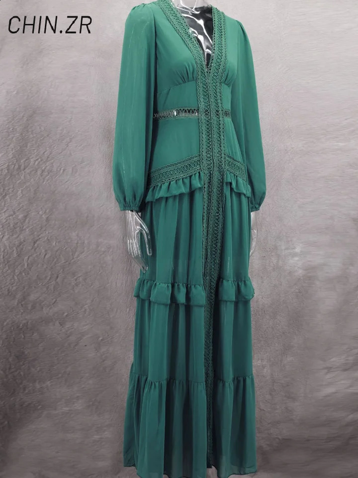 Vintage Embroidery Hollow Out Long Dress Women Ruffles V-neck Lantern Sleeve Slit Party Dresses Summer Lady A-line Robes 260711 - view 6