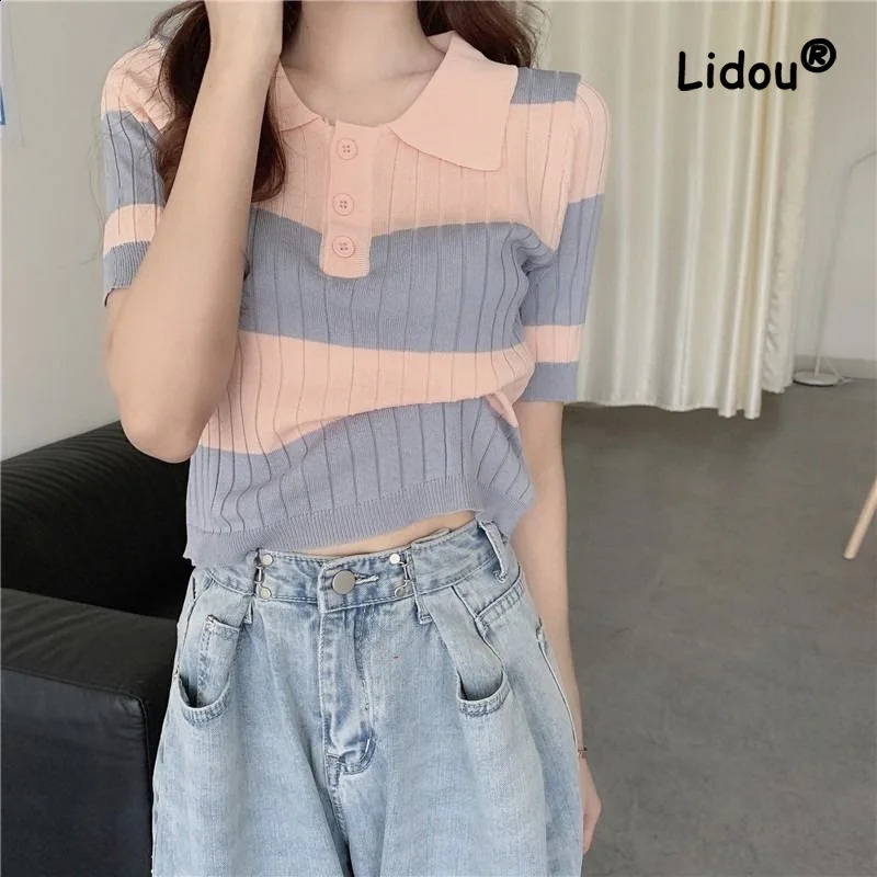 Fashion Color Contrast Striped Button Knitting Tshirt Women Short Interior Lapping Classic Polo Collar High Waist Allmatch Top 260711banjia