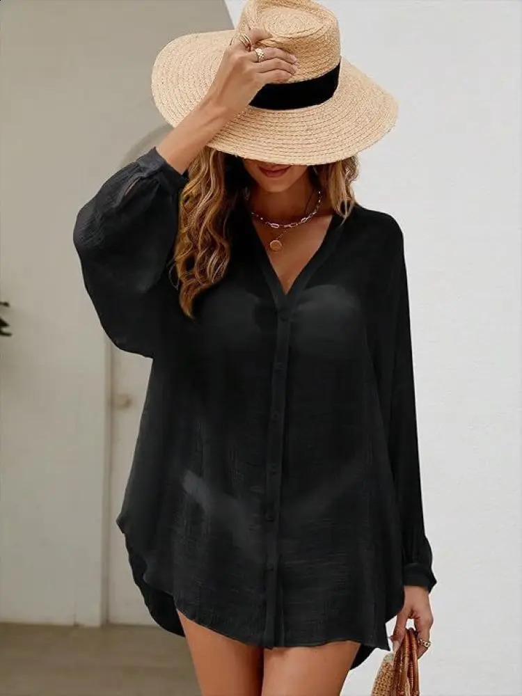 Women Summer Loose Long Sleeve Shirt V Neck Button Beach Cover Up Flowy Sun Protective Tunic Casual Vacation Swim 260711banjia - view 6