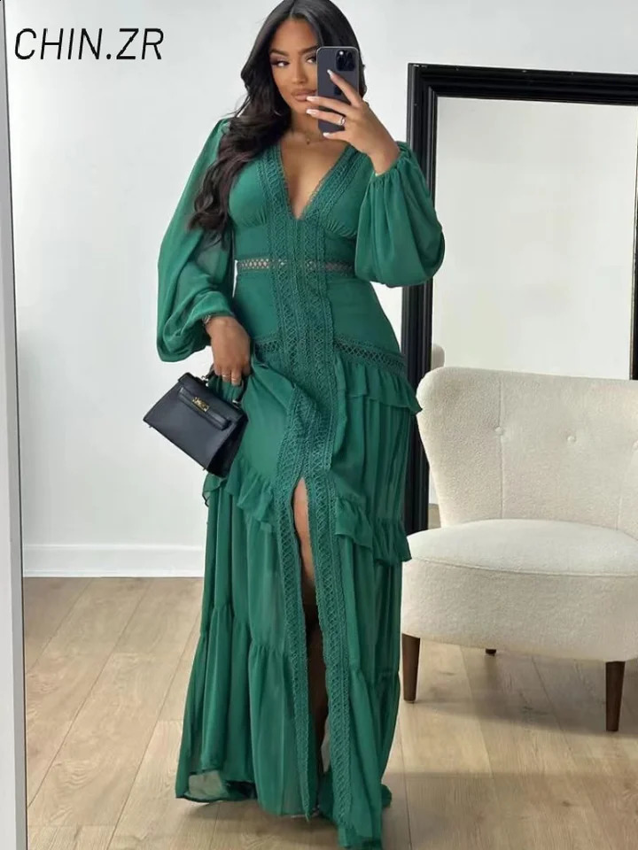 Vintage Embroidery Hollow Out Long Dress Women Ruffles V-neck Lantern Sleeve Slit Party Dresses Summer Lady A-line Robes 260711 - view 4