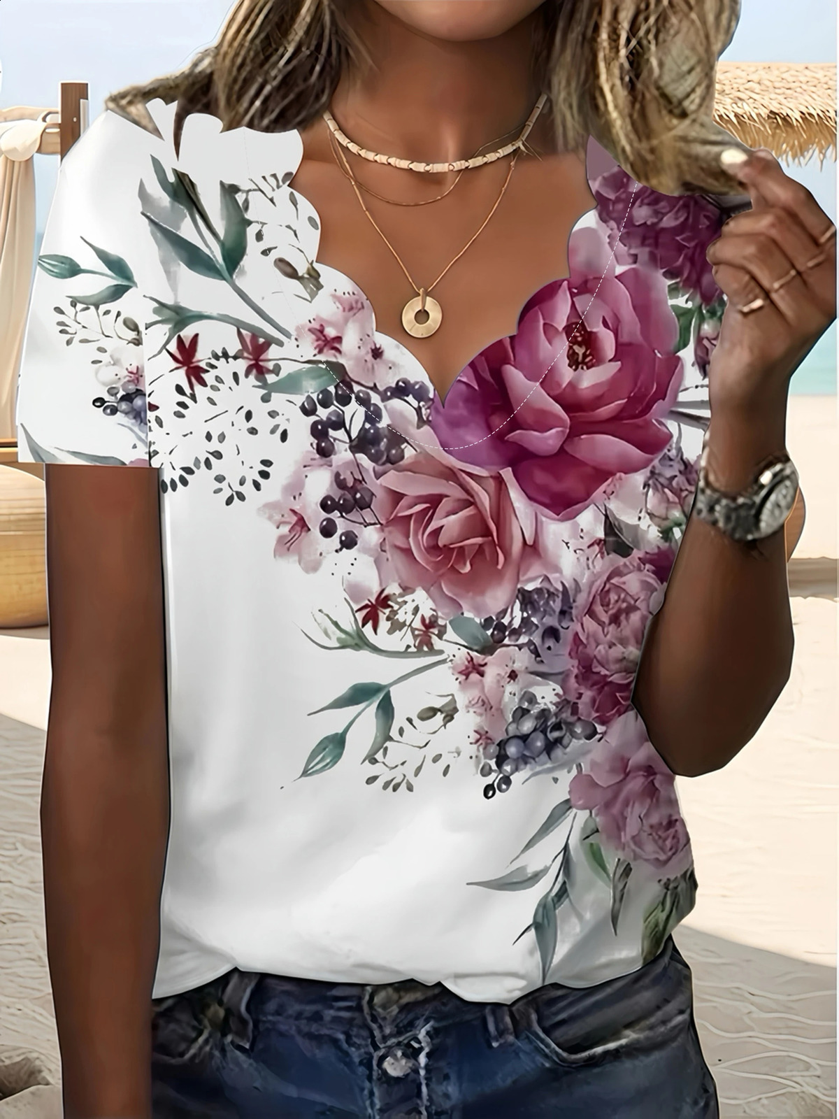 Fashion Plus Size Blouse Floral Wave VNeck TShirt for Women Summer Elegant Casual Tops 260711banjia - view 4