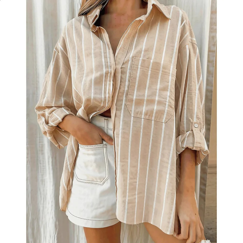 Womens Loose PoloNeck Striped Shirt for Spring and Summer Stylis Casual Versatile Top 260711banjia