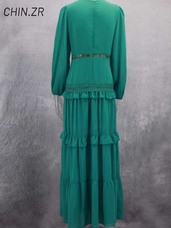 Vintage Embroidery Hollow Out Long Dress Women Ruffles V-neck Lantern Sleeve Slit Party Dresses Summer Lady A-line Robes 260711 - view 7