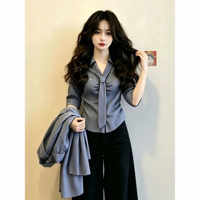 Polo Neck Lacing Short Sleeve Slim Striped Elegant Blouse Summer Allmatch Button Vintage Shirt Tops Korean Trend Women Clothing 260711banjia - view 5
