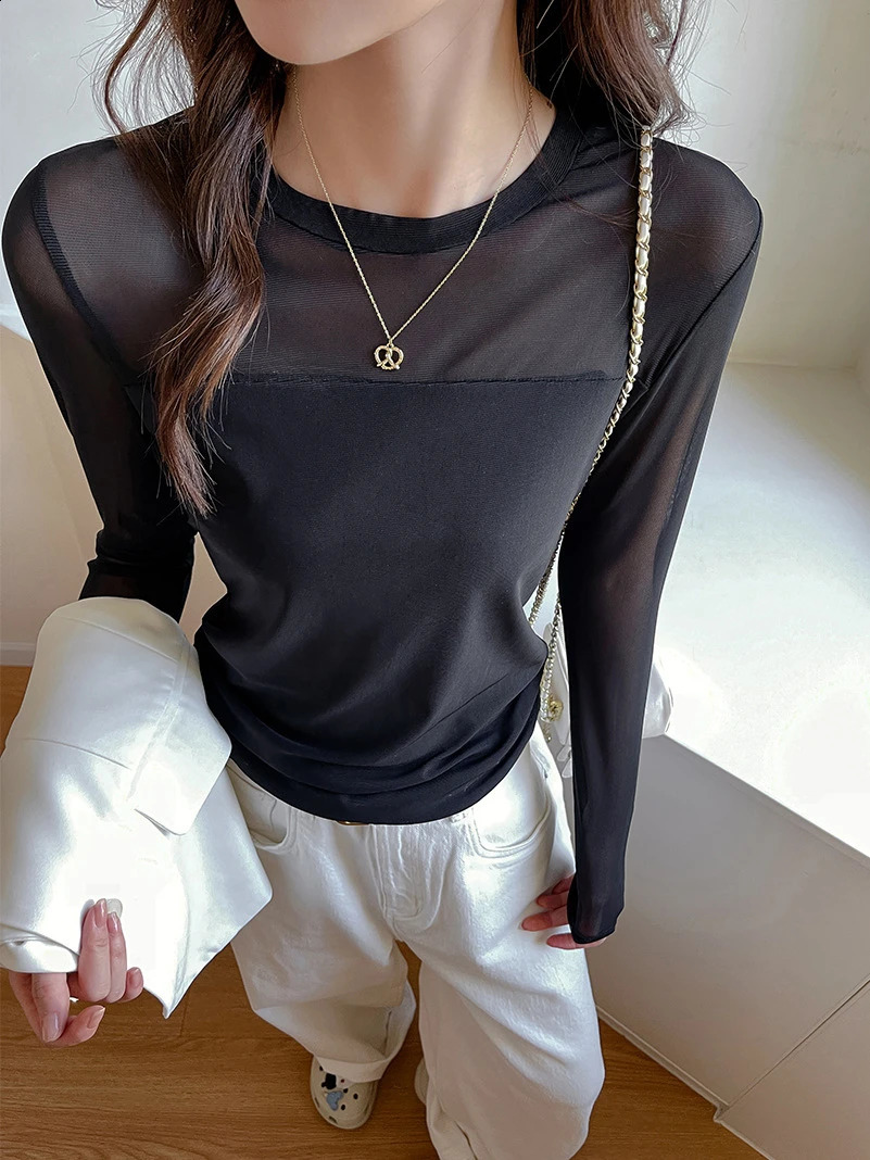 Sexy Sheer Mesh Patchwork TShirt for Women Elegant Slim Fit Long Sleeve Tops Office Ladies Chic Two Piece White Tee 2026 260711banjia