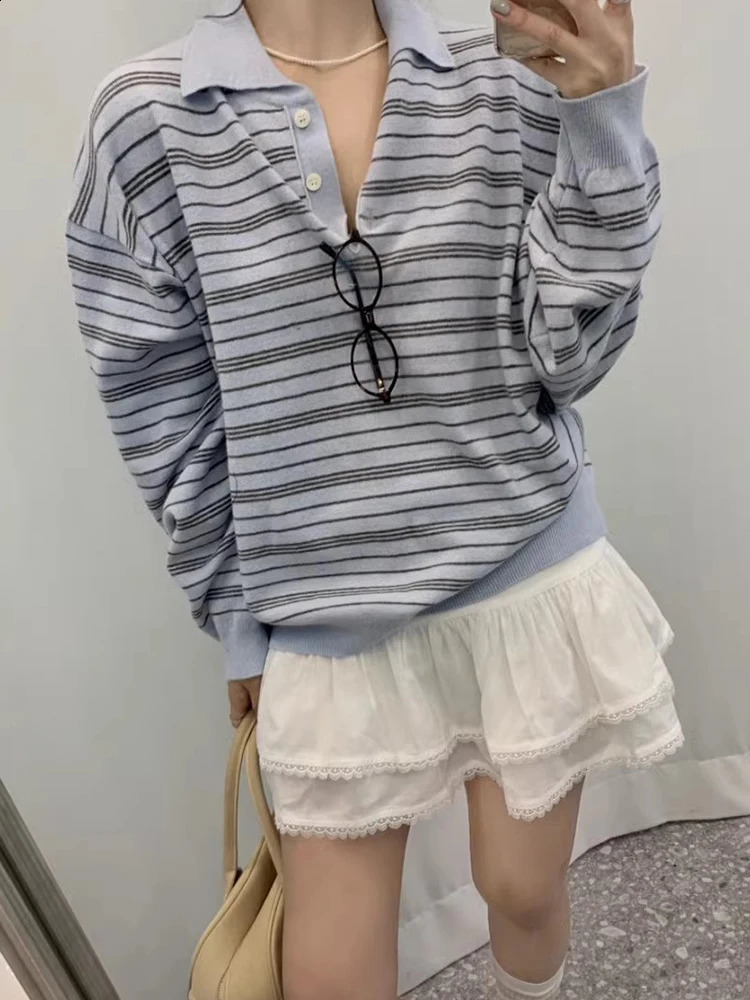 Sweet Style Striped Loose Long Sleeve Neck Knitted Sweater for Women Blue Milk Color Arrival Spring Season Casual Wear 260711banjia - view 5