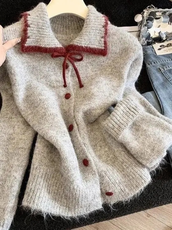 Korean Sle Long Sve Collar Knitted Sweater with Knot Versatile Faionable Top for Women Autumn Winter Ne 260711banjia