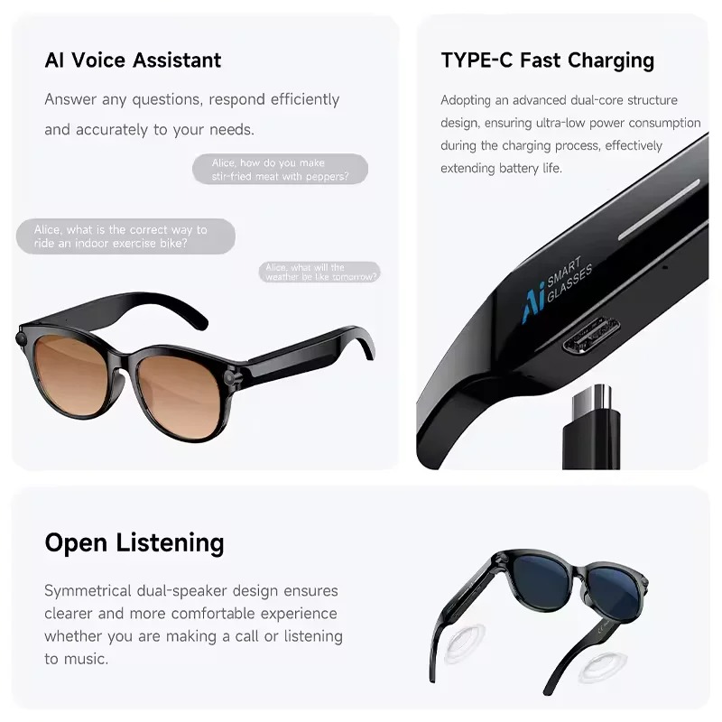 AI Smart Glasses, Smart Audio Wearable Device with Bluetooth Connectivity, 2MP Camera and Built-In Flashlight, Single-Lens Design - 290mAh Battery, Ty - view 4
