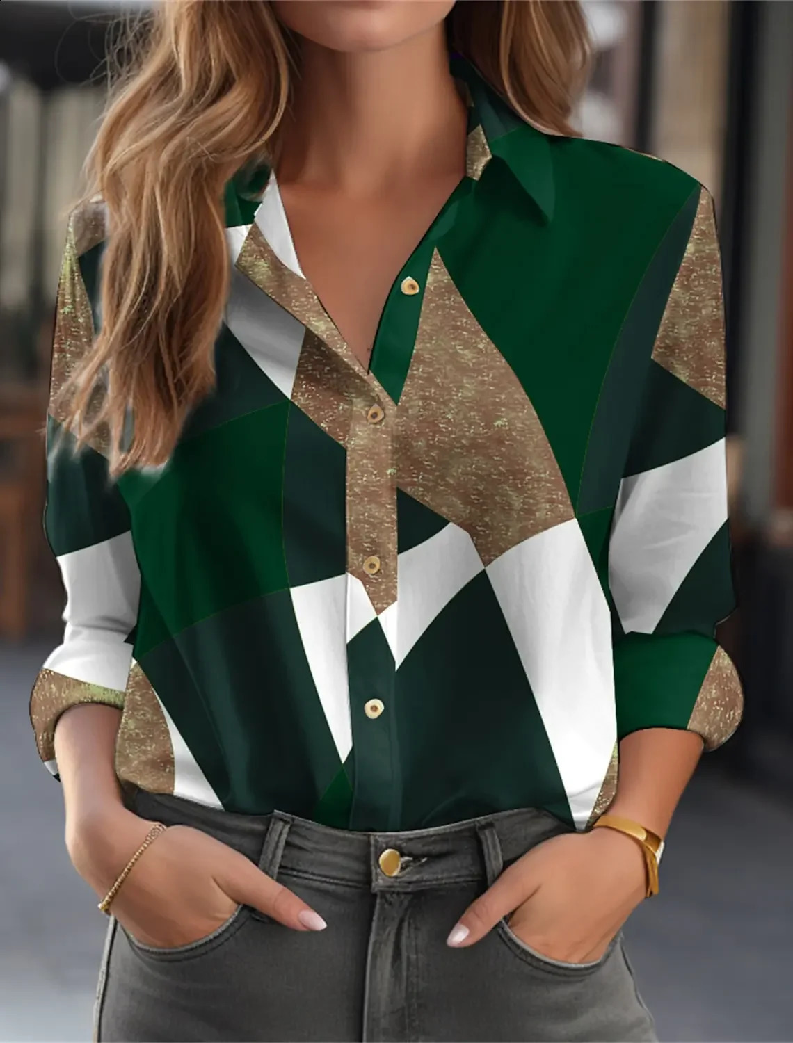 Womens Fashion Geometric Buttons Blouse Lapel Neck Top Long Sleeve Shirts 2025 Spring Autumn Female Clothing 260711banjia