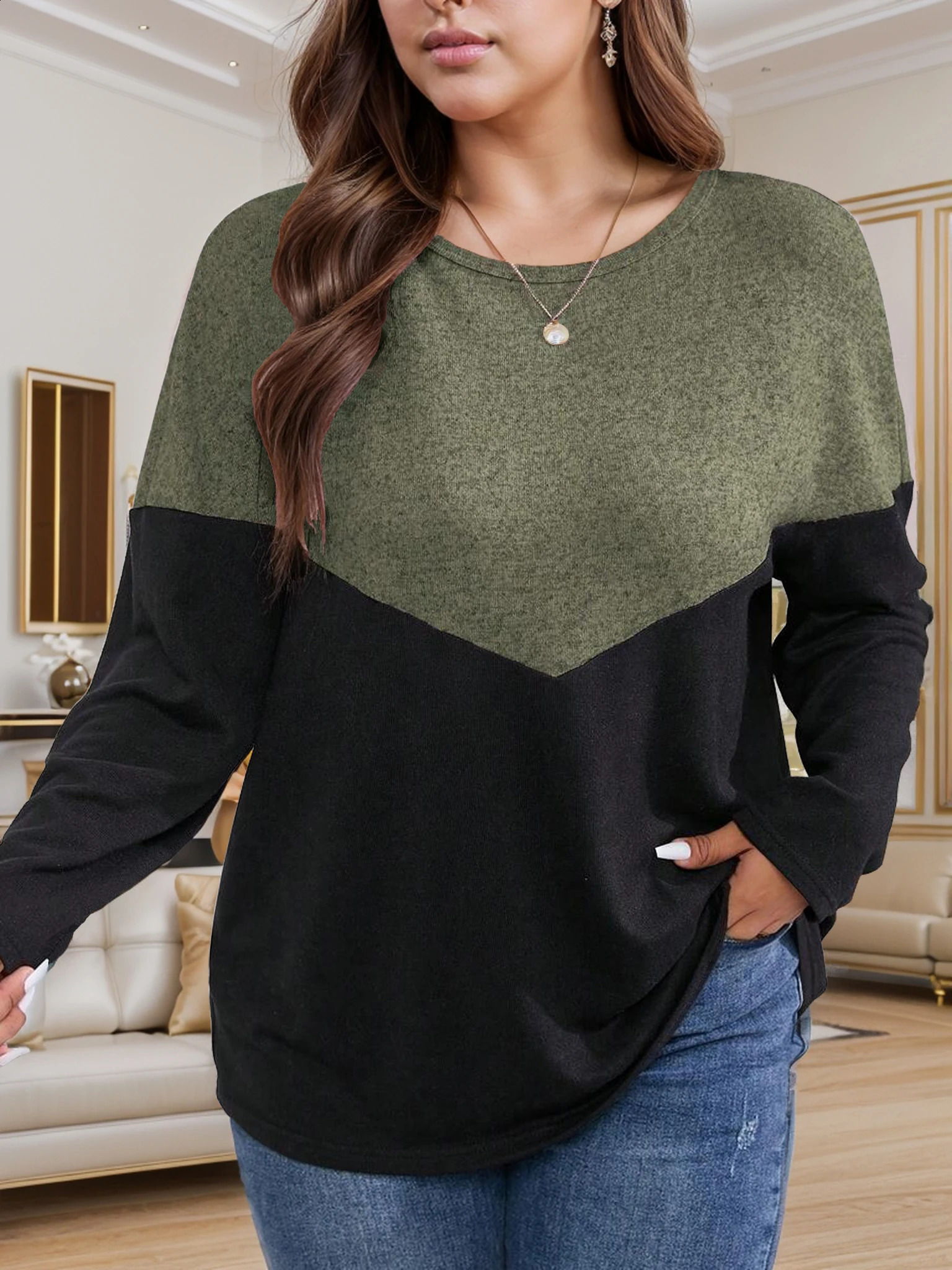 Orientation Plus Size Womens Long Sleeve Colorblocked Round Neck Top 260711banjia - view 5