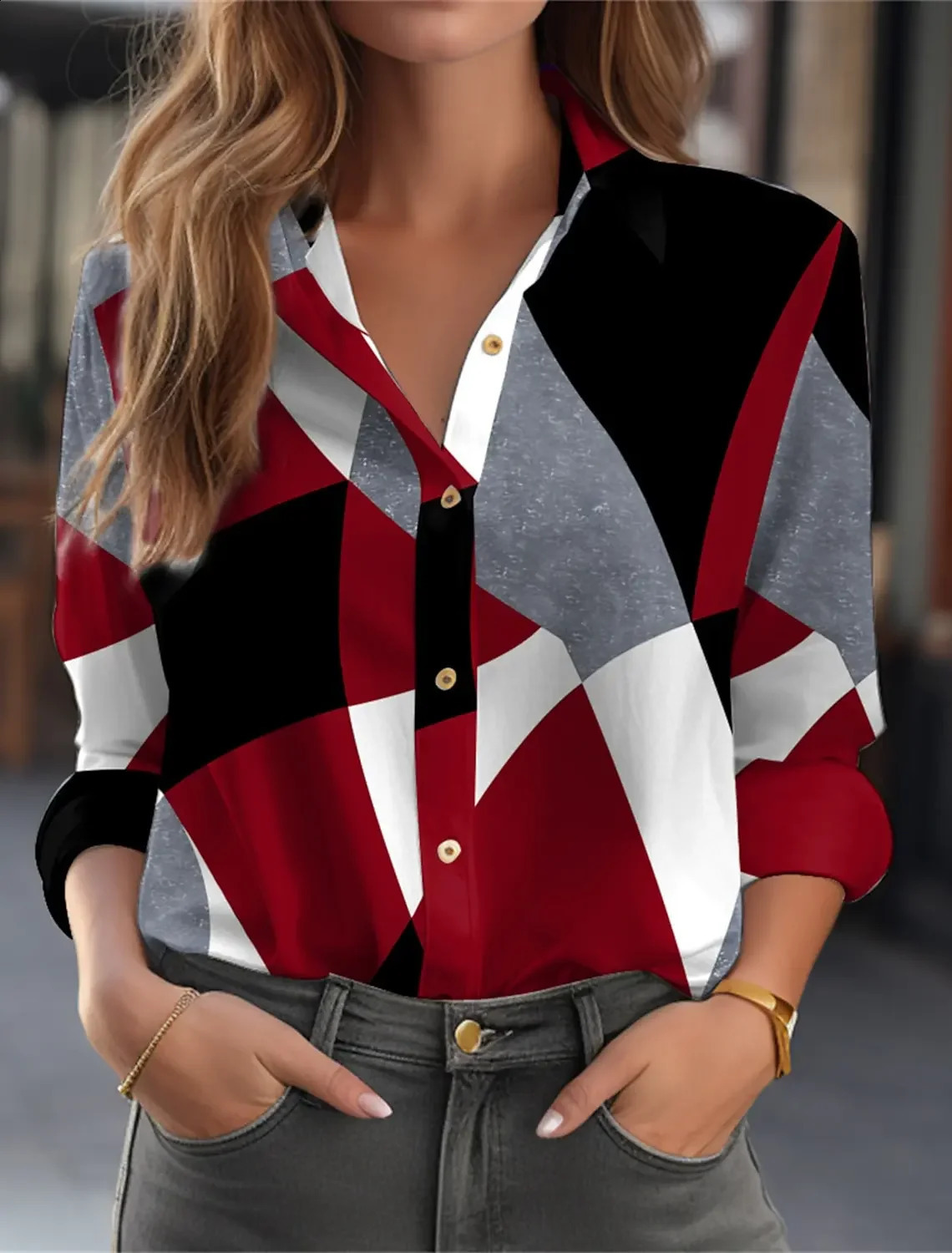 Womens Fashion Geometric Buttons Blouse Lapel Neck Top Long Sleeve Shirts 2025 Spring Autumn Female Clothing 260711banjia