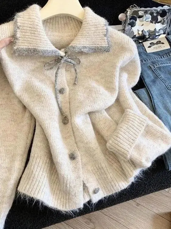 Korean Sle Long Sve Collar Knitted Sweater with Knot Versatile Faionable Top for Women Autumn Winter Ne 260711banjia