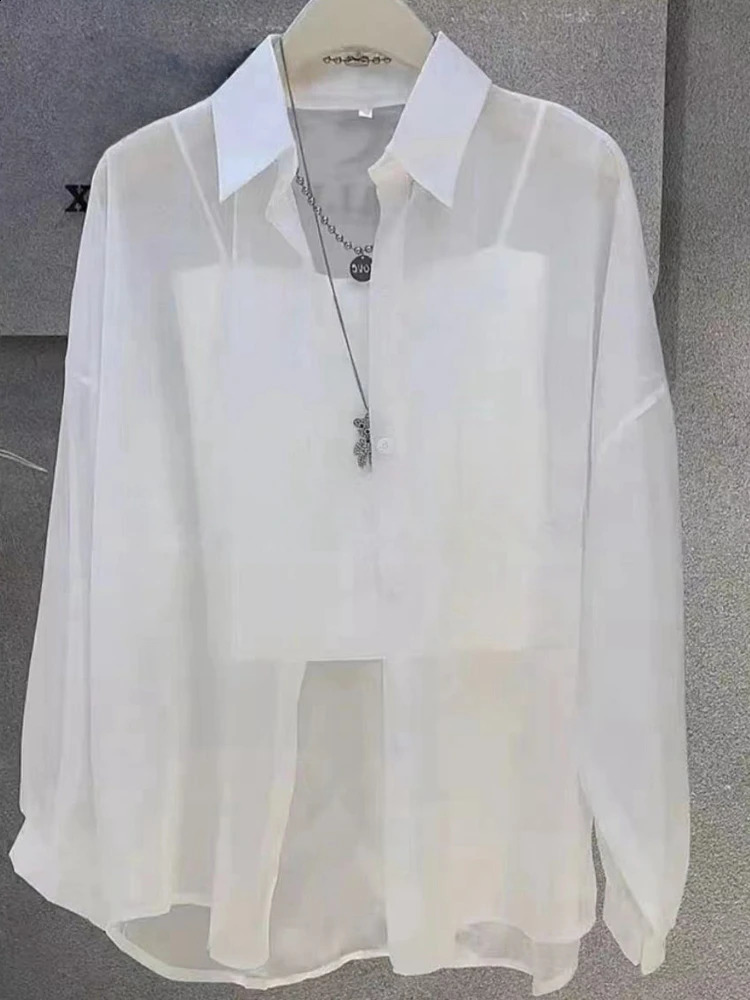 Plus Size Womens Tops 2025 Summer Breathable and SunProof Ice Silk Button Thin Loose Sheer Chiffon Blouses Shirts Long Sleeve 260711banjia