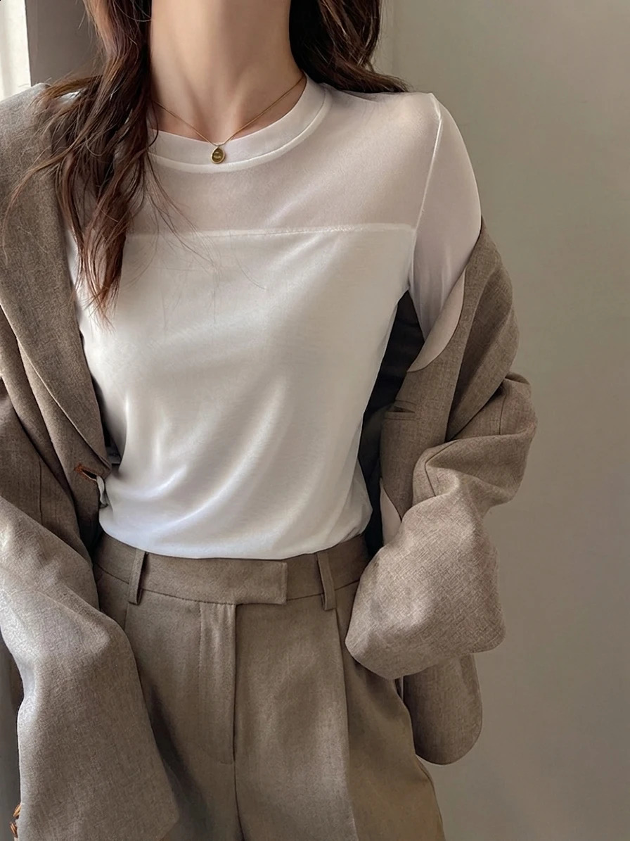 Sexy Sheer Mesh Patchwork TShirt for Women Elegant Slim Fit Long Sleeve Tops Office Ladies Chic Two Piece White Tee 2026 260711banjia