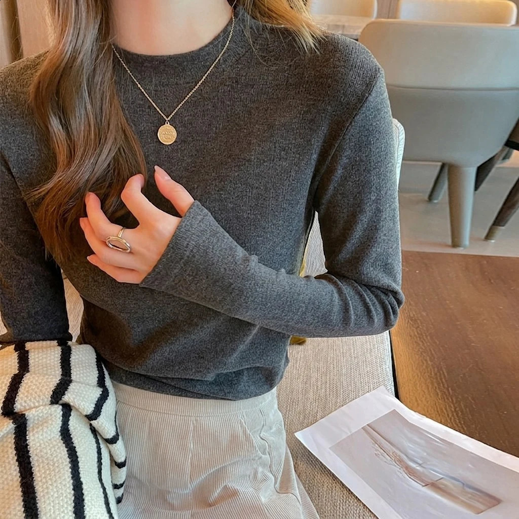Elegant Mock Neck Ribbed Knit Top Women Autumn Winter Slim Long Sleeve TShirt Woman Korean Style Basic Solid Bottoming Shirt 260711banjia