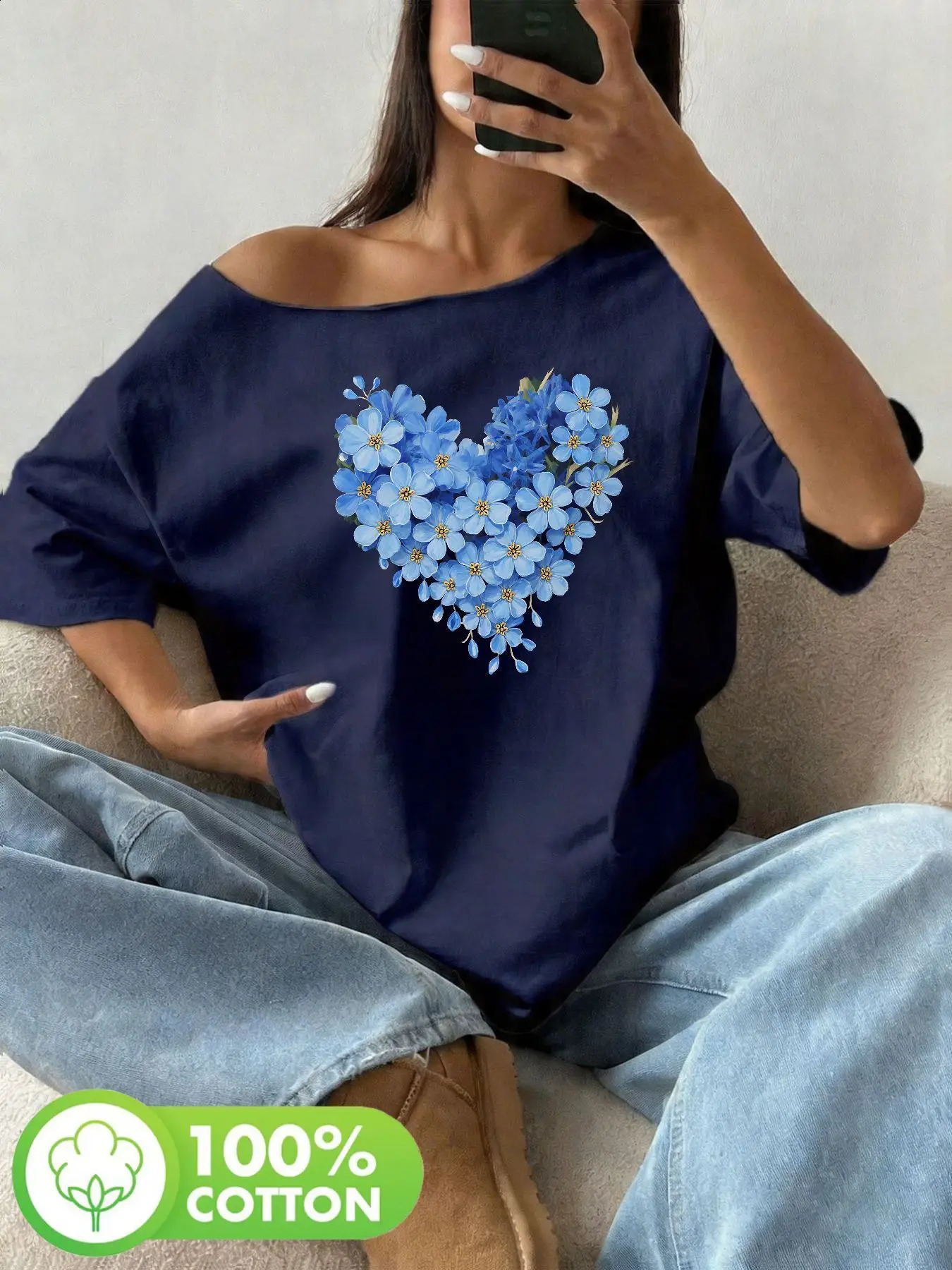 Plus Size 100 Cotton Shoulder Loose Print TShirt Oversized Y2K Style Graphic Tee Tops Summer Off The Top Bl 260711banjia - view 5