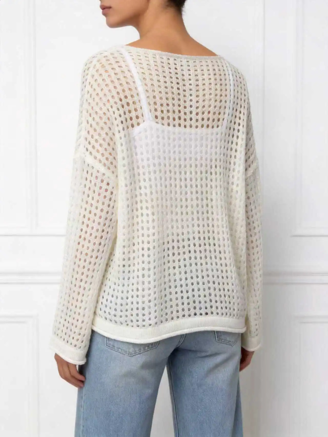 Plus Size Womens Elegant Boat Neck Hollow Out Knit Long Sleeve Pullover Perfect for Summer Outings 260711banjia - view 3